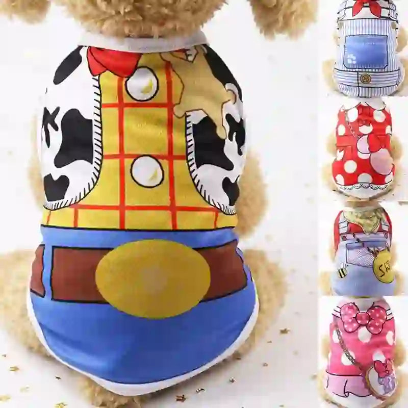 Pet cozy soft cartoon vest for dogs and puppies featuring a colorful cowboy design with cow print, buttons, and belt detail