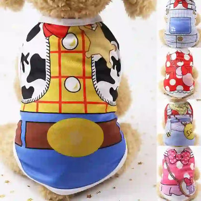 Pet cozy soft cartoon vest for dogs and puppies featuring a colorful cowboy design with cow print, buttons, and belt detail