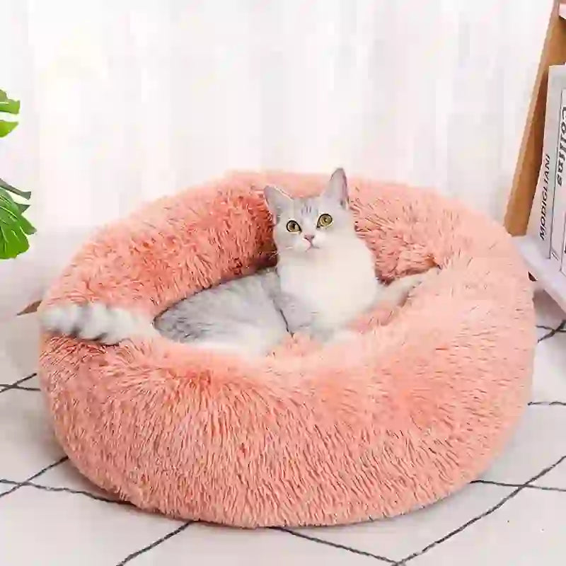 Cozy Striped Plush Round Bed for Dogs & Cats