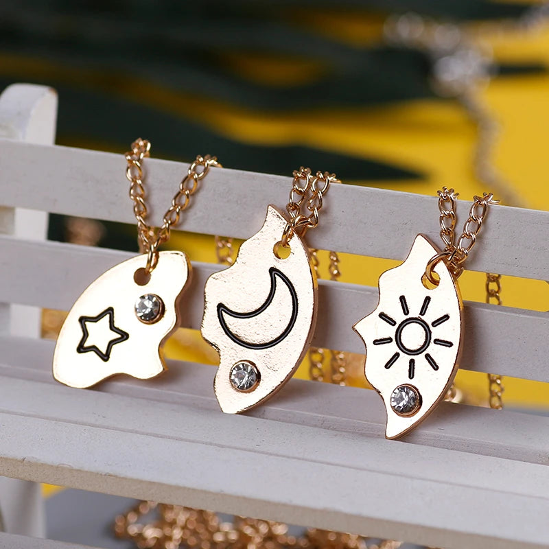 Stunning 3-Piece Zircon Sun Star Moon Pendant Necklace Set - Perfect Friendship Gift for Women