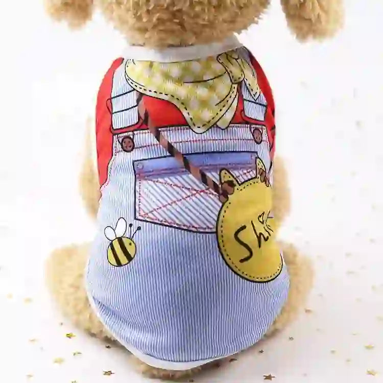 Cute dog wearing a colorful cartoon vest with a bee and pocket design, made of soft fabric, perfect for spring and summer wear - SKU: 14:496#cowboy;5:100014065
