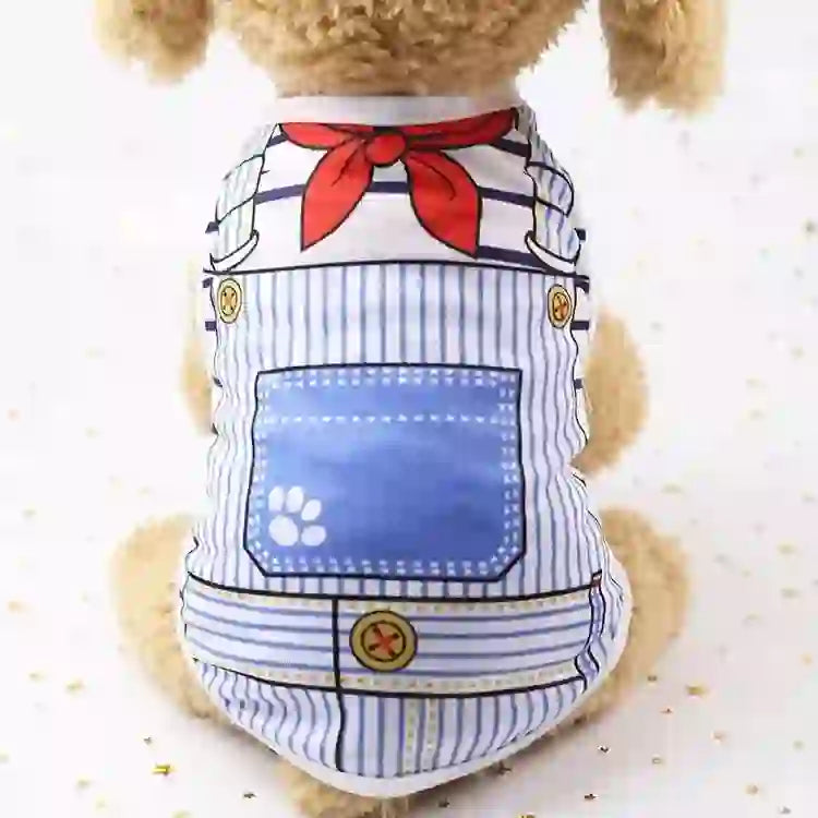 Cute dog wearing a striped pet vest with a red necktie and a blue pocket, designed as a playful pet jacket for small dogs