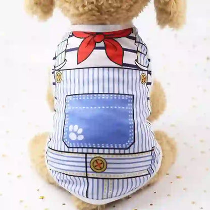Cute dog wearing a striped pet vest with a red necktie and a blue pocket, designed as a playful pet jacket for small dogs