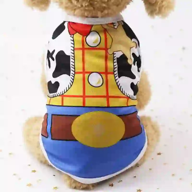 Pet cozy soft cartoon vest for dogs and puppies featuring a colorful cowboy design with yellow, red, blue, and black accents, perfect for casual wear.