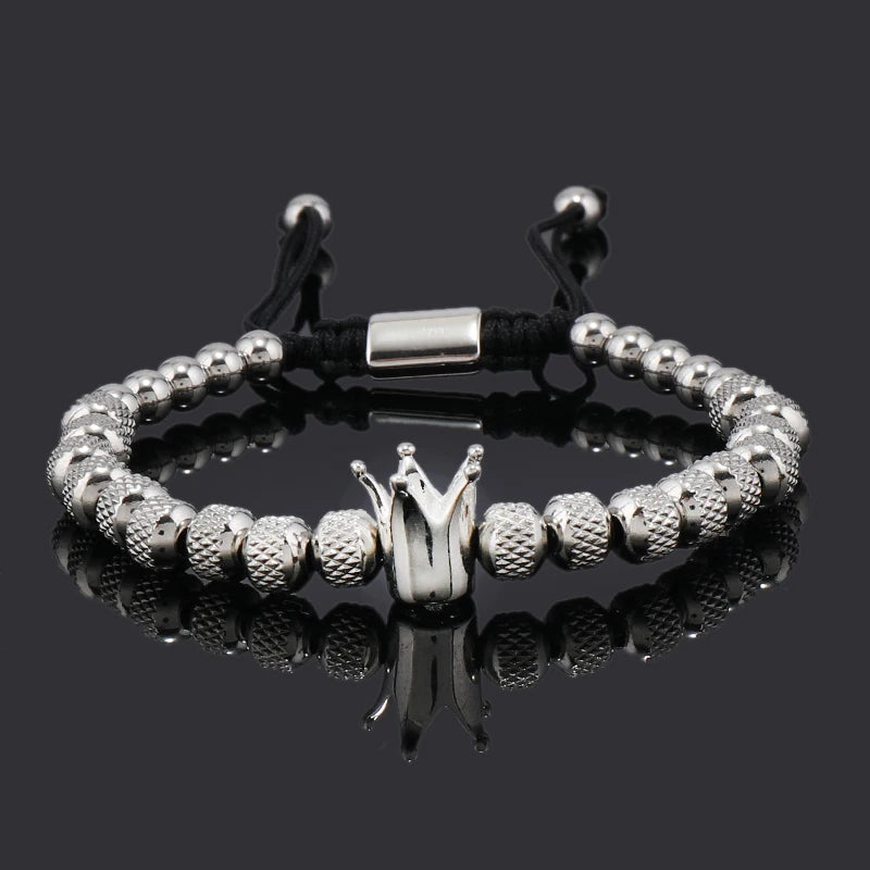 Elegant Luxury Crown Charm Bracelet - Unisex Stainless Steel Beads Jewelry for Couples