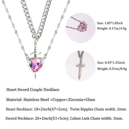 Romantic Heart and Sword Necklace Set for Couples - Stylish Stainless Steel Twist Chain Matching Jewelry for Anniversaries, Birthdays, and Valentine's Day Gifts